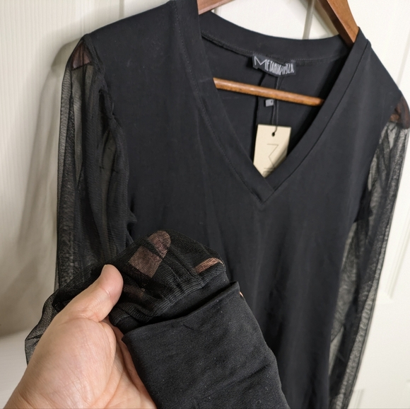 NEW Metamorphoza Top Small Tulle Sheer Sleeves Black Avant Garde Lagenlook - Picture 4 of 12
